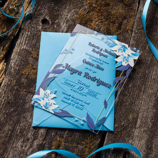 Blue Lilies Acrylic Invitations for Wedding, Quinceañera, Sweet Sixteen, Birthday Party