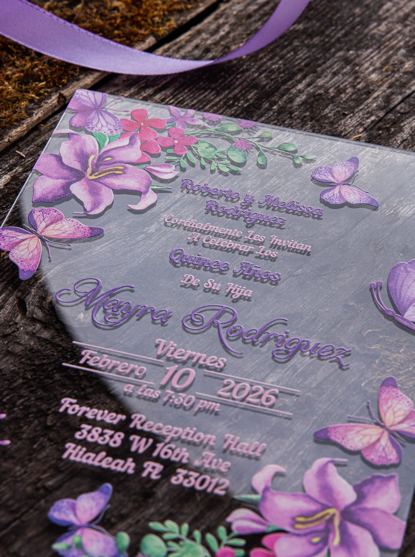 Lilac Butterfly Acrylic Invitations for Wedding, Quinceañera, Sweet Sixteen