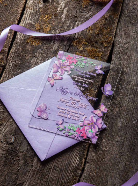 Lilac Butterfly Acrylic Invitations for Wedding, Quinceañera, Sweet Sixteen