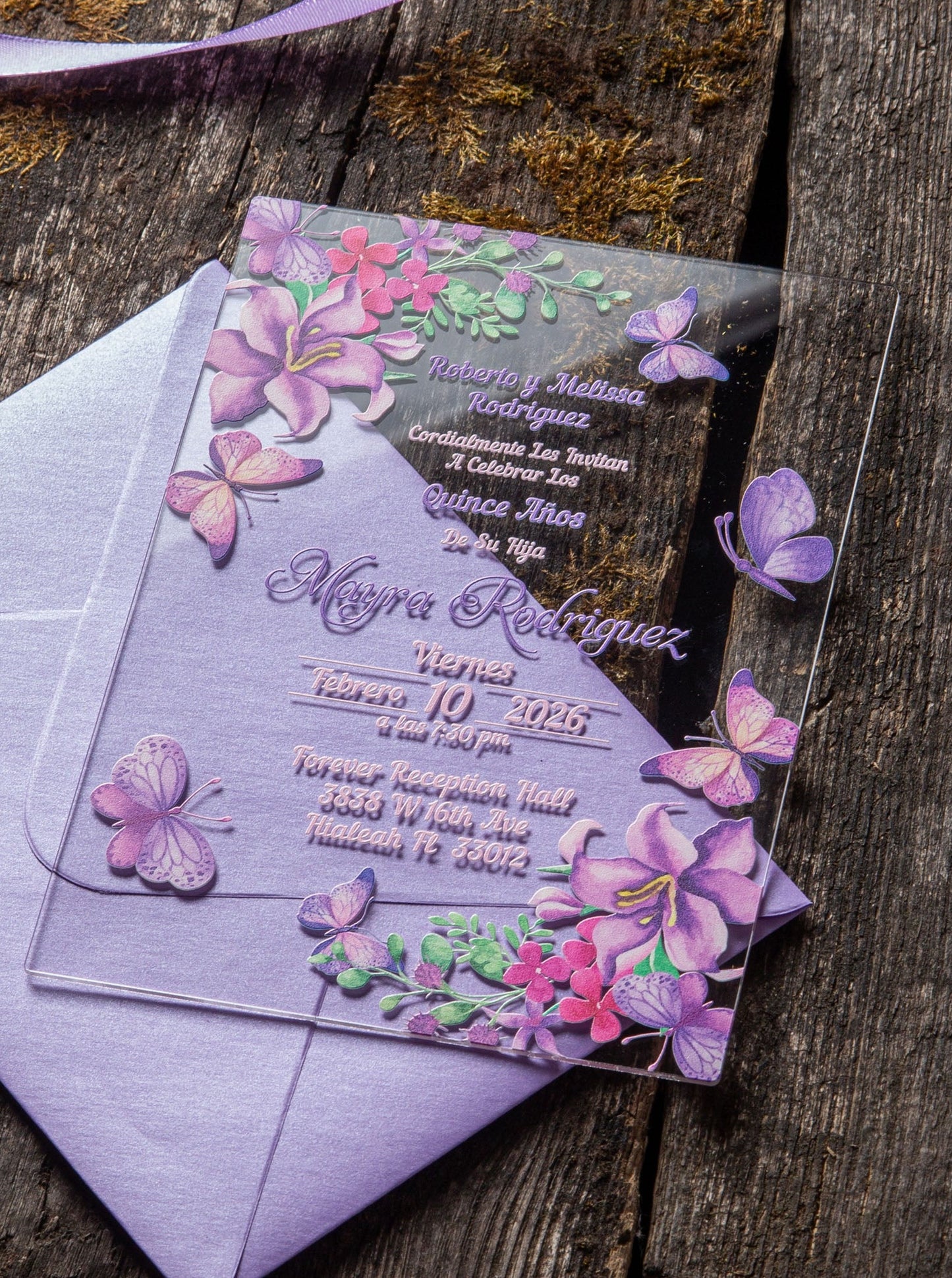 Lilac Butterfly Acrylic Invitations for Wedding, Quinceañera, Sweet Sixteen