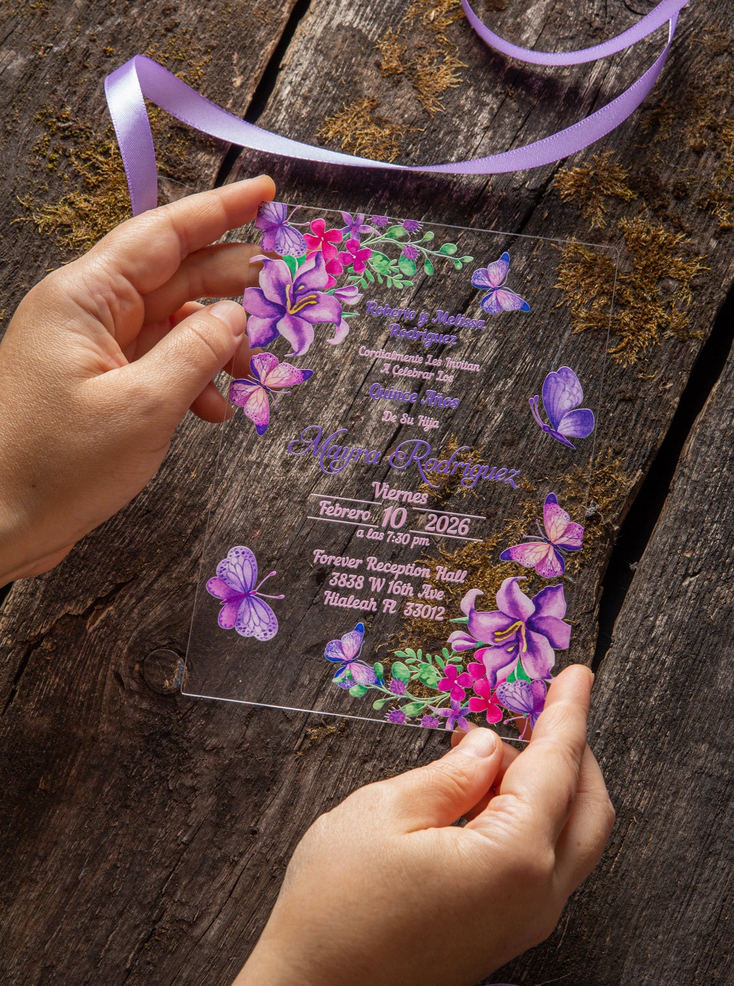 Lilac Butterfly Acrylic Invitations for Wedding, Quinceañera, Sweet Sixteen