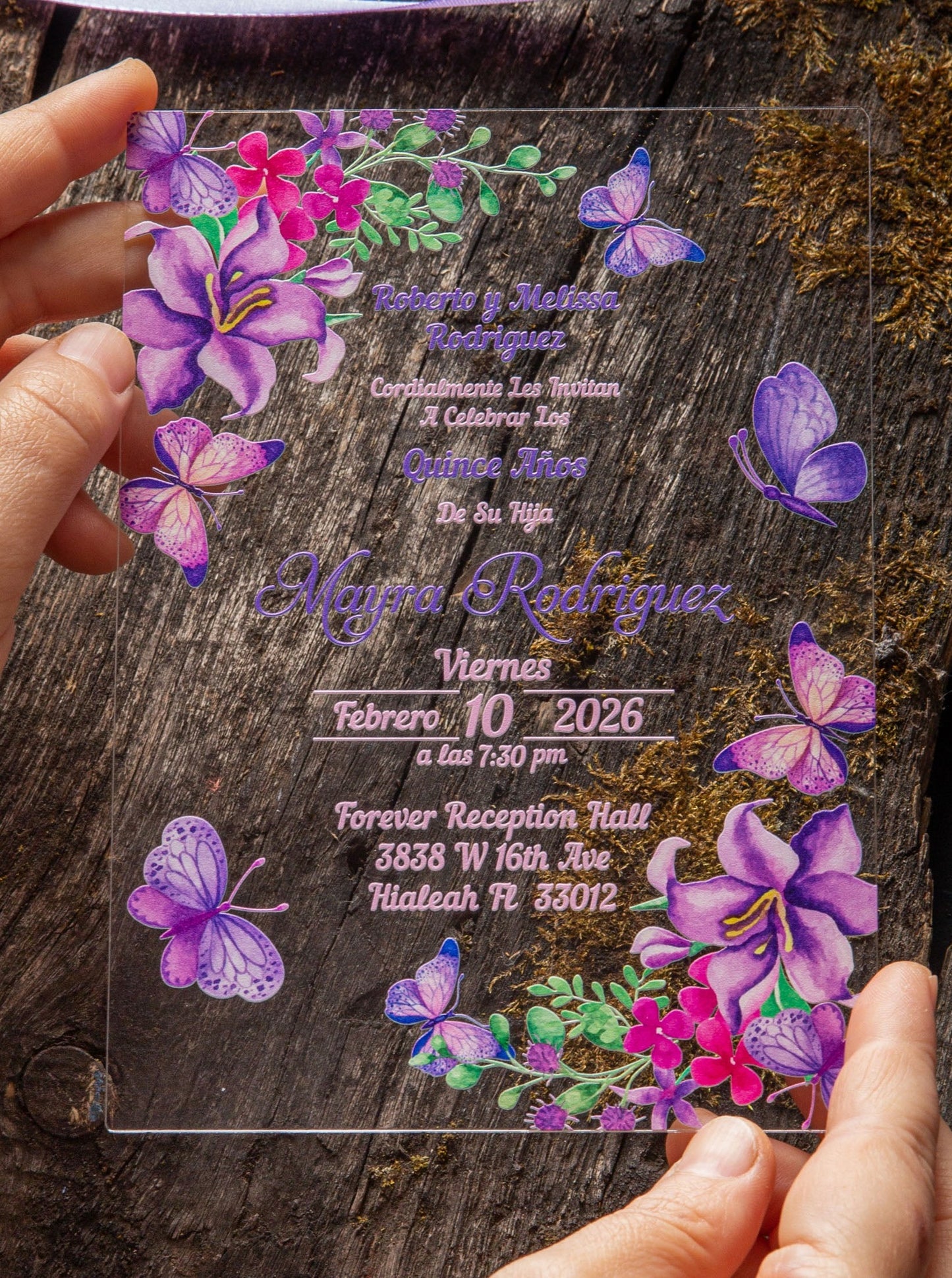 Lilac Butterfly Acrylic Invitations for Wedding, Quinceañera, Sweet Sixteen