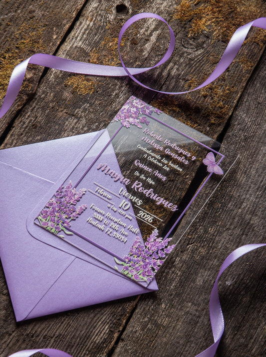 Lilac Flowers And Butterflies Acrylic Invitations for Wedding, Quinceañera, Sweet Sixteen, Birthday Party