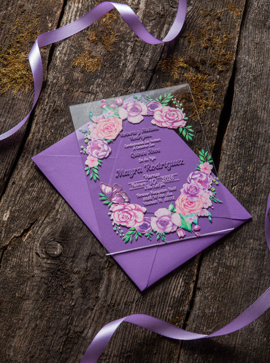 Lilac Butterfly Acrylic Invitations for Wedding, Quinceañera, Sweet Sixteen