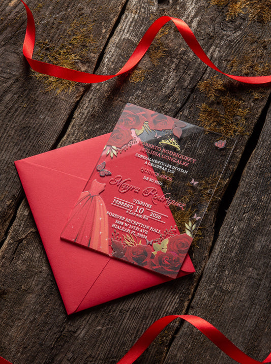 Red Gold Acrylic Invitations for Wedding, Quinceañera, Sweet Sixteen, Birthday Party