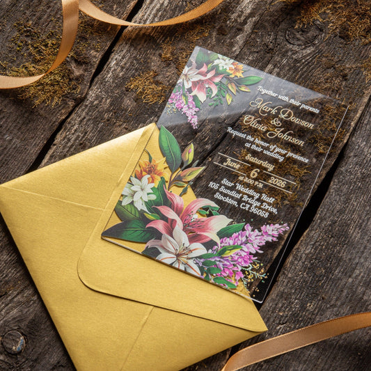 Acrylic Invitation Colorful Flower Bouquet And Golden Envelope