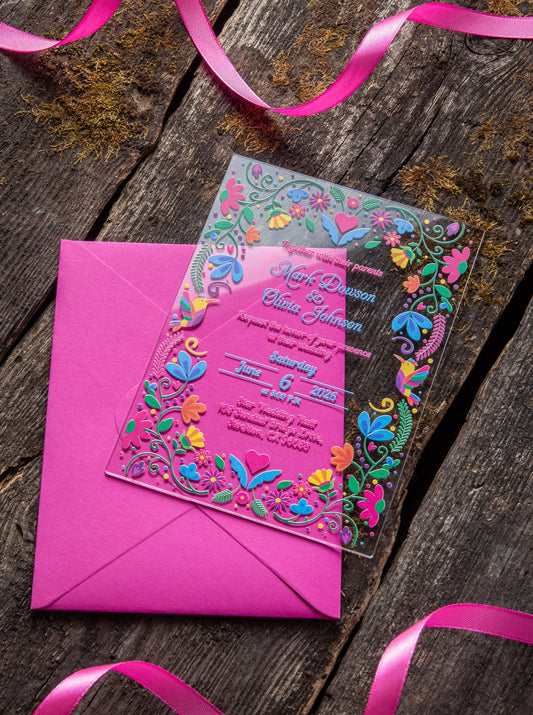 Mexican Papel Picado Talavera Pink Blue Pattern Acrylic Invitation With Pink Envelope