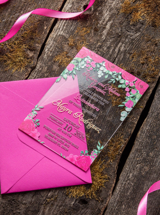 Mexican Pink Acrylic Invitations for Wedding, Quinceañera, Sweet Sixteen, Birthday Party