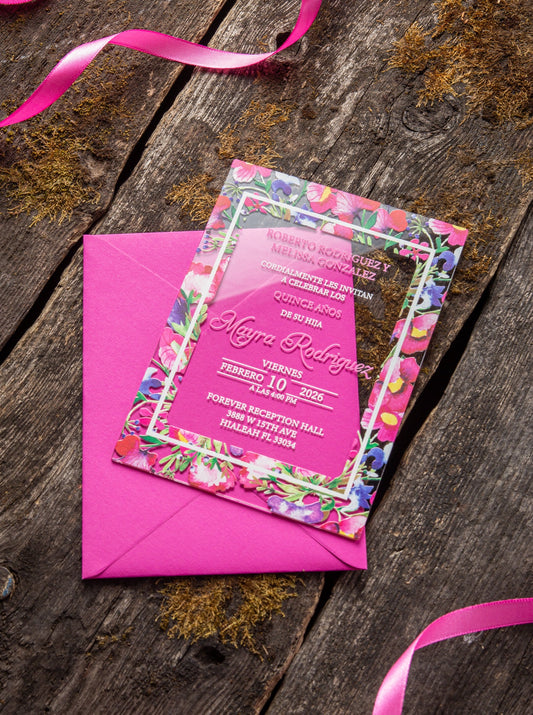 Mexican Pink Hot Pink Acrylic Invitations for Wedding, Quinceañera, Sweet Sixteen, Birthday Party