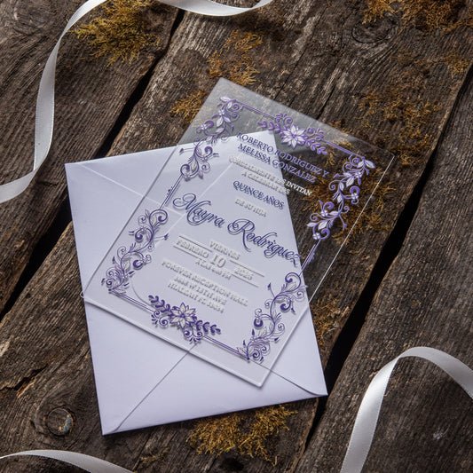 White Blue Pattern Bouquet Acrylic Invitation And White Envelope