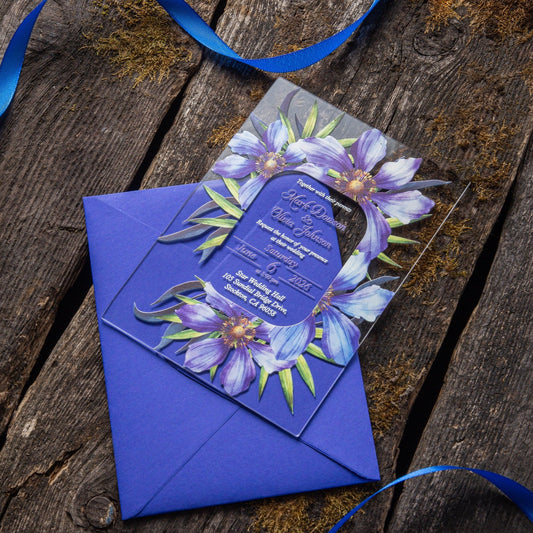 Big Blue Flowers Bouquet Acrylic Invitation And Blue Envelope.