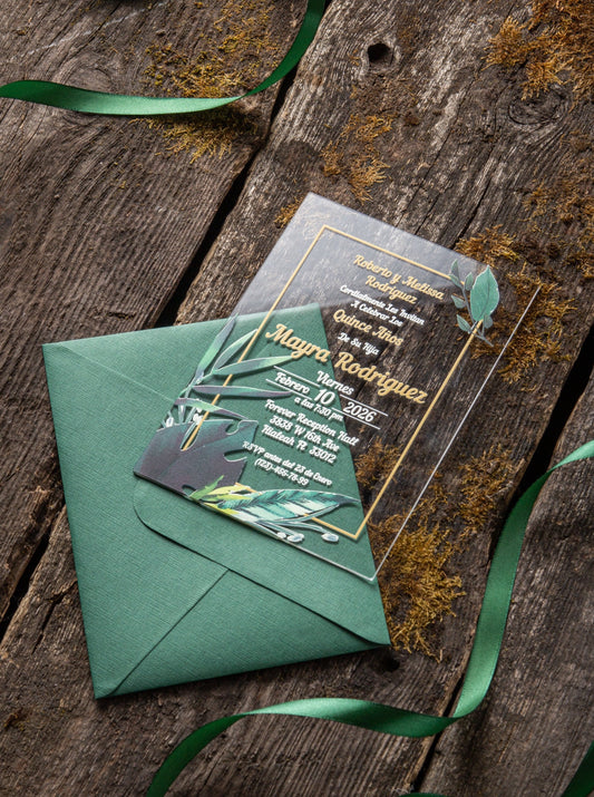 Green Acrylic Invitations for Wedding, Quinceañera, Sweet Sixteen, Birthday Party