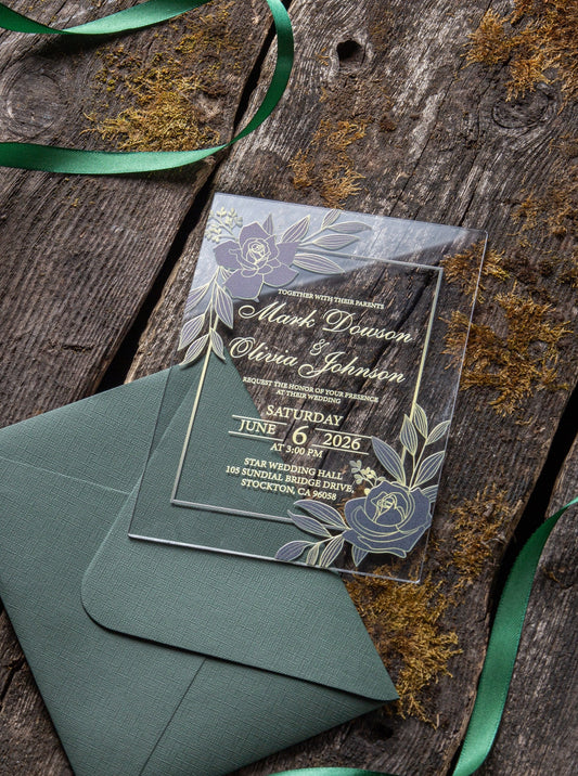 Green Gold Acrylic Invitations for Wedding, Quinceañera, Sweet Sixteen, Birthday Party