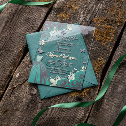 Emerald Green Acrylic Invitation With Green Envelope.