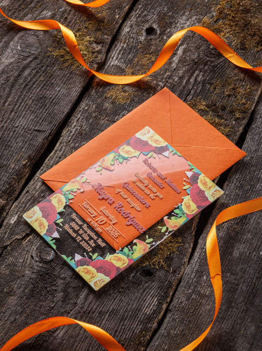 Red Orange Acrylic Invitations for Wedding, Quinceañera, Sweet Sixteen, Birthday Party