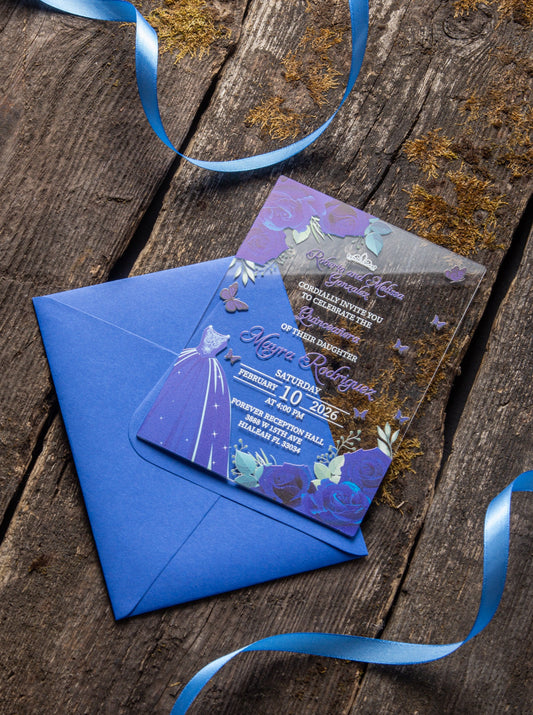 King Blue Silver Acrylic Invitations for Wedding, Quinceañera, Sweet Sixteen