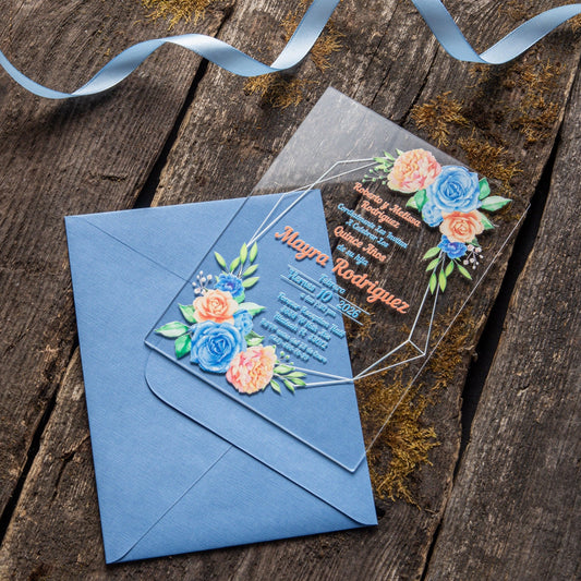 Blue Acrylic Invitations for Wedding, Quinceañera, Sweet Sixteen, Birthday Party