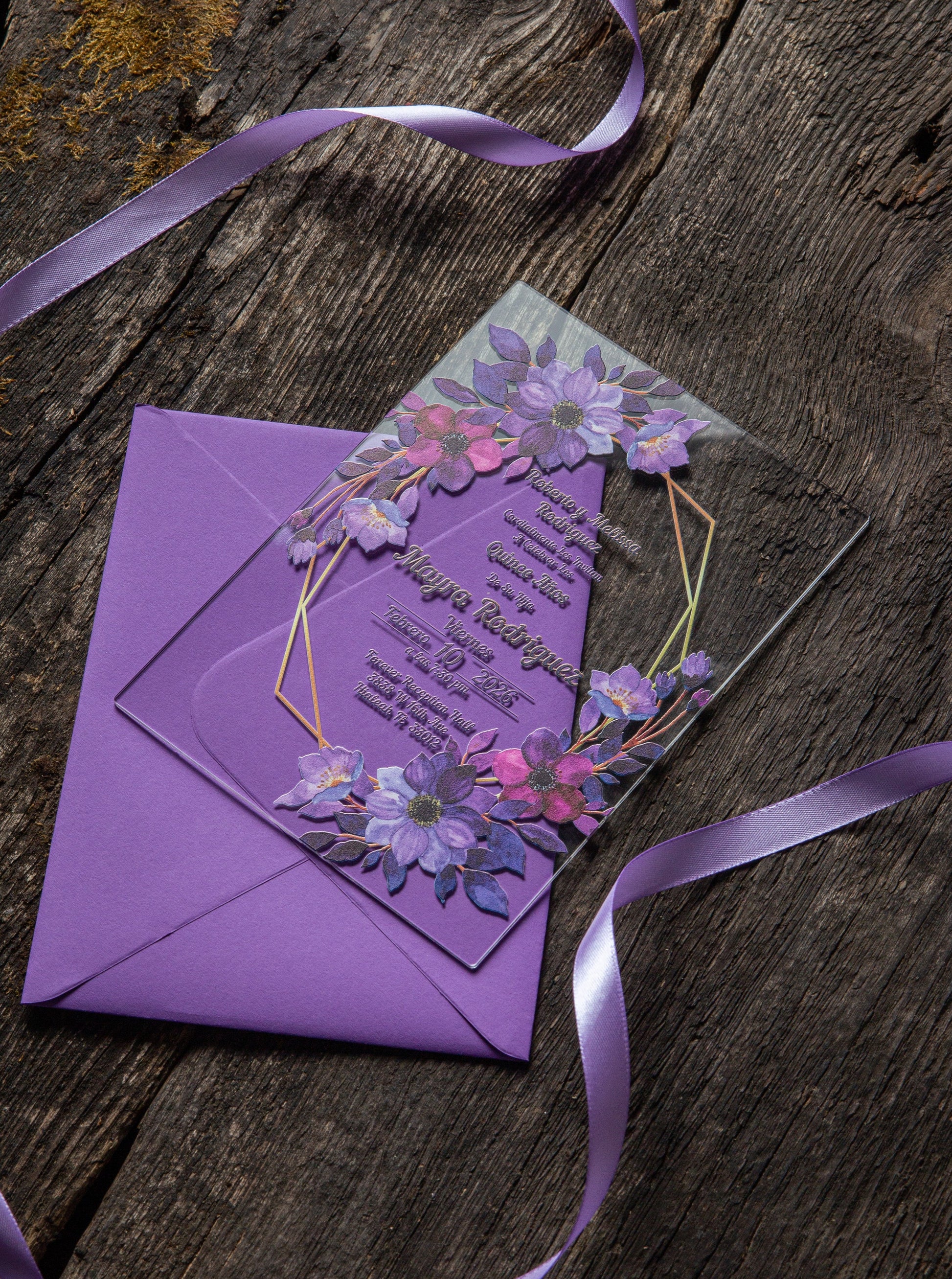 Purple Acrylic Invitations for Wedding, Quinceañera