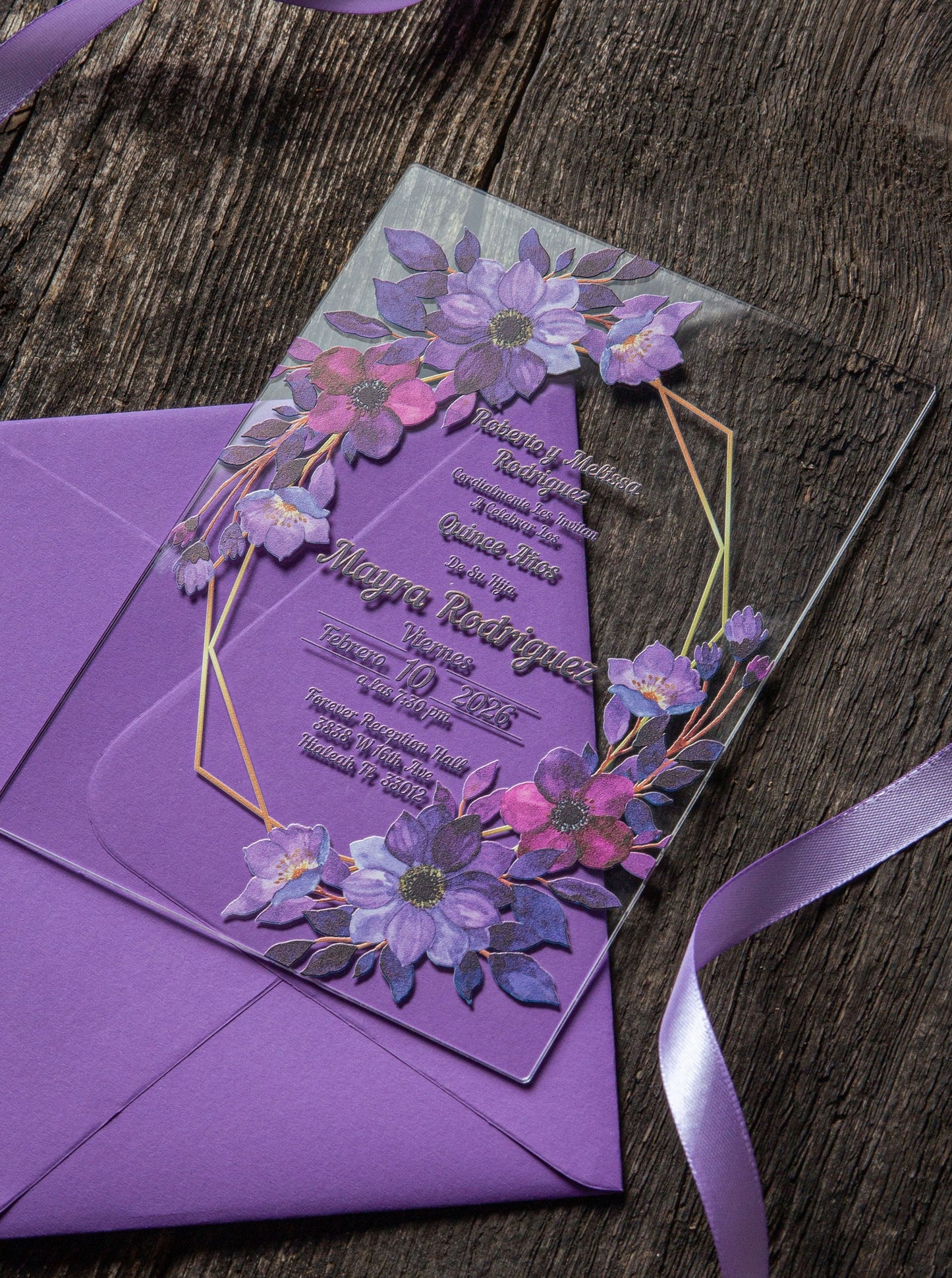 Purple Acrylic Invitations for Wedding, Quinceañera, Sweet Sixteen, Birthday Party