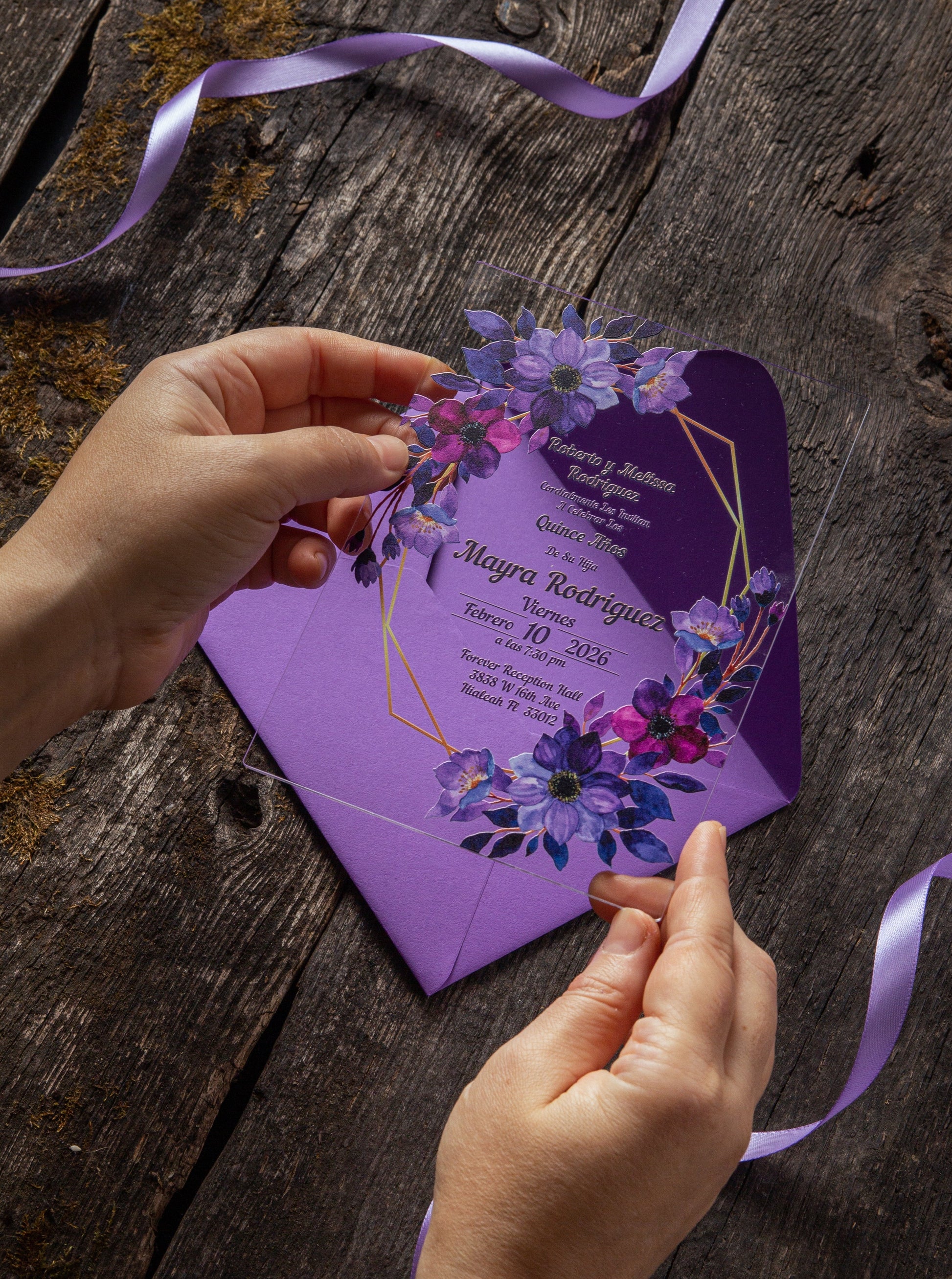Purple Acrylic Invitations for Wedding, Quinceañera